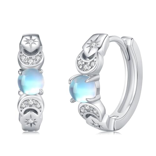 Triple Moon Goddess Earrings 925 Sterling Silver Moonstone Hoop Earrings Pagan Wiccan Jewelry Gifts for Women