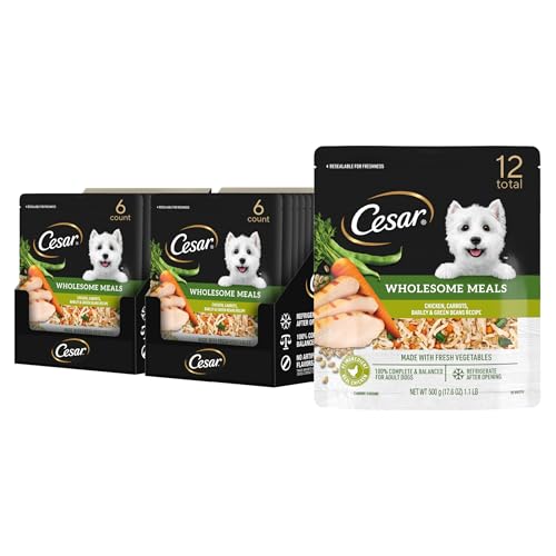 Image of Cesar Wholesome Meals Wet Dog Food Pouch, Chicken, 17.6 oz, 6 Count, 2-Pack | Chicken #1 ingredient, slow-cooked, resealable pouch, no by-products or artificial flavors, natural ingredients