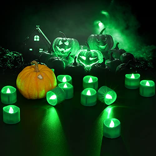 Image of PChero 12pcs Green LED Tea Lights with Timer, Flickering Flameless Tealights Battery Operated Long Lasting Fake Candles for Wedding, Party, Christmas, Halloween and Festival Celebration