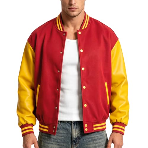 RAOENJADO Mens Varsity Jacket Letterman Bomber Faux Leather Sleeve Casual