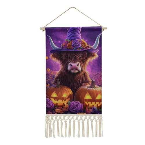 Jubonexis Arazzo da parete in lino, motivo mucca delle Highland per Halloween, poster vintage da appendere alla parete, con nappe e asta in legno