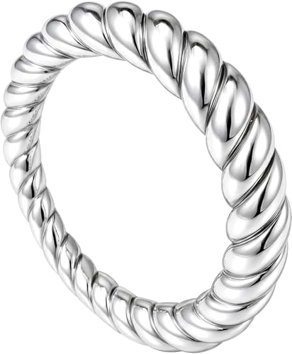 Poxtex Silver Chunky Rings for Women, Stacking Statement Wedding Band Jewelry, Stainless Steel Twist Rings Non TarnishPinky Size 5