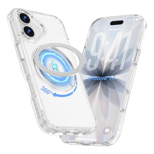 iPhone 17 Case with Stand, 360 Magnetic Ring Stand, Military-Grade Protection [Compatible with MagSafe] Shockproof Case for iPhone 17, 6.3 inch, Slim Phone Cover Adjustable Foldable Kickstand, Clear