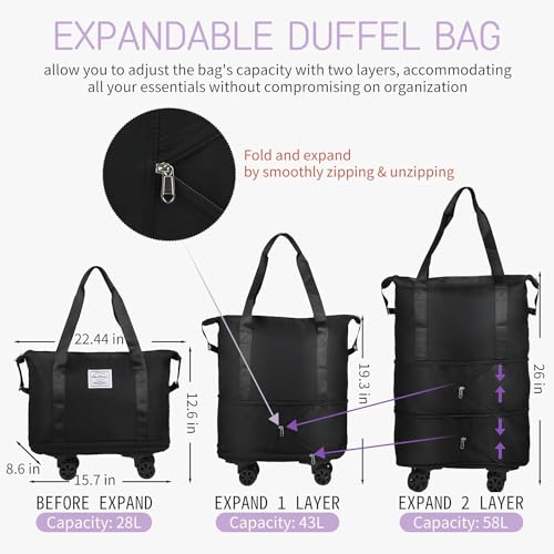 Image of Wheel Bags for Travel Luggage Carry on Duffel Bag, Expandable Foldable Luggage Bag, Dry and Wet Separation Rolling Bag, Travel Totes for Women & Men (1Pcs)(Black)-JE