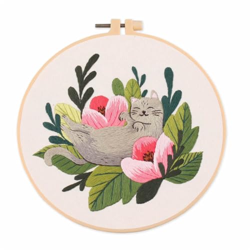 Image of Meecaa Cat Flowers Animal Embroidery Kit Starter Set, Hand Embroidery Set,Pattern Printed Cross Stitch Set for Beginner Adults, with Embroidery Hoop and Instructions (Cat)