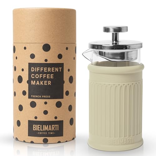 BIELIMARTI Cafetera Prensa Francesa, 350 ml, Vidrio Borosilicato, Funda de Silicona Térmica,french press,cafetera de embolo, espumador leche,tetera (amarillo pastel)