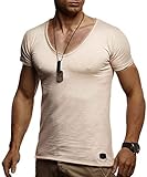 MADE IN TURKEY Leif Nelson Herren T-Shirt V-Neck V-Ausschnitt Sweatshirt Basic Shirt Hoodie Slim Fit LN6280; X-Large, Beige