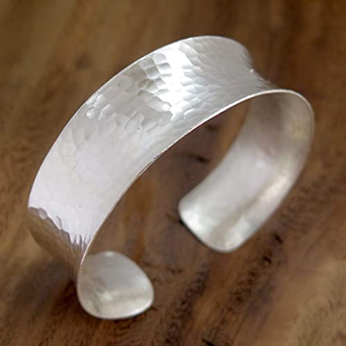Hammered Sterling Silver Handmade Wide Cuff Bracelet, Minimalist Shiny Silver Slight Concave Edges, 6 1/2 inches Long Cuff (S-M), Gift for Her3