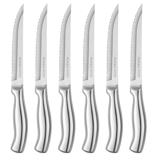 Ruffulon Vollständig Edelstahl Steakmesser,Hochwertiges Steakmesser Set 6 teilig,Steak besteck Set mit wellenschliff,Silbern Steak Messerset,Scharfe Steak Messer,Spülmaschinenfest