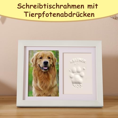 PewinGo Gedenkrahmen Hund und Katze, Pfotenabdruck Set Hund Katze Fotorahmen mit Ton Impressum Kit und Foto-Display für 6 x 4“ Foto, Perfekte Andenken Geschenk für Tierbesitzer-Weiß