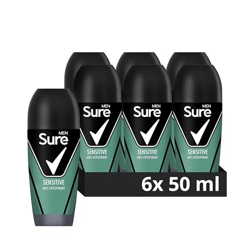 Sure Men Sensitive Roll On Deodorant Antiperspirant with MotionSense technology for 48 hour protection against sweat and odour 50 ml, Pack of 6