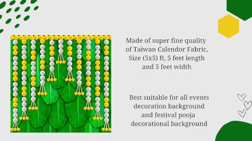 Image of Banana Leaf Decoration for Pooja | Banana Leaf Pooja Backdrop with Yellow and White Hanging Flower Garlands 5x5 feet | Backdrop Cloth for Decoration laxmi Pooja