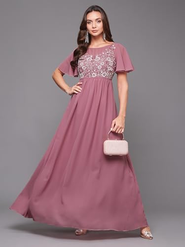 Image of Miss Chase Women's Round Neck Sleeve Embellished Fit Flare Maxi Dress