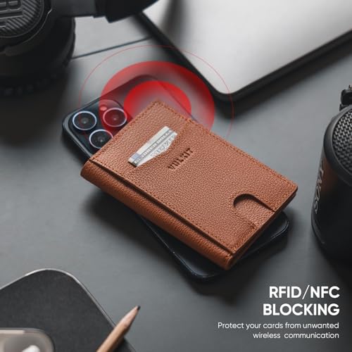 Image of VULKIT Bifold Front Pocket Slim Wallet RFID Blocking Minimalist Thin Genuine Leather Credit Card Holder Wallet for Men and Women Litchi Brown