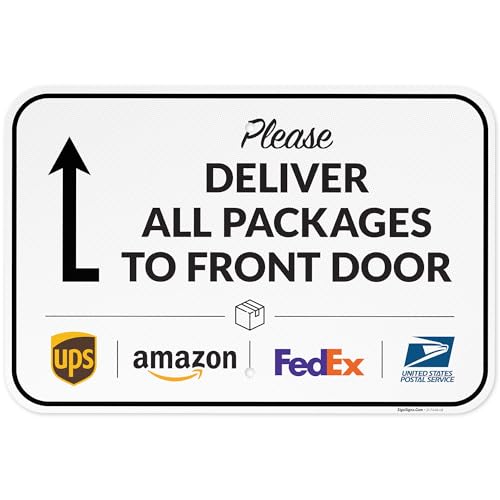 Image of Package Delivery Sign, Delivery Instructions Deliver All Package to Front Door Up Arrow Sign, 12x18 Inches, 3M EGP Reflective .063 Aluminum, Fade Resistant, Made in USA by Sigo Signs