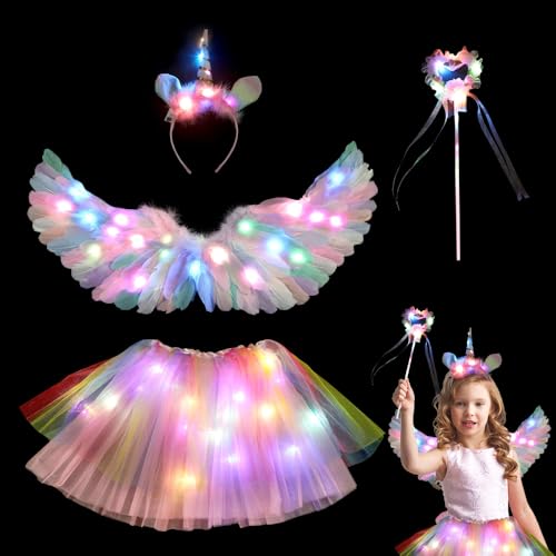 AVCXEC Disfarce unicórnio para menina, brilhante LED Tutu saia tule 60 cm asas de anjo com asas de anjo, 4 peças cor asas de anjo decoração, asas de anjo disfarce, para Cosplay, carnaval, aniversário