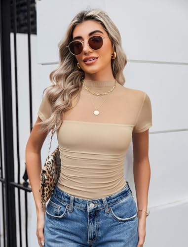 Image of Avidlove Women's Short Sleeve Bodysuit Turtle Neck Body Suits Mesh One Piece Leotard Going Out Tops Date Outfits