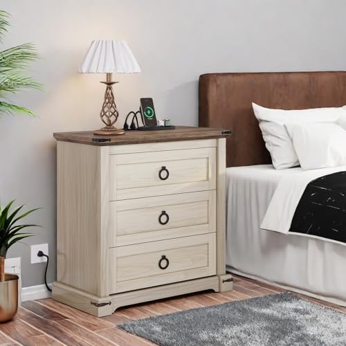 DWVO Nightstand with Charging Station, Tall Nightstand with 3 Drawers, Large Side Tables Bedroom, Farmhouse Bedside Table for Living Room, Sleeping Room, Off White