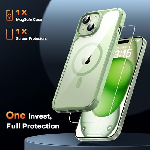 Image of TAURI for iPhone 15 Case, Compatible with MagSafe [Anti-Yellowing] with Screen Protectors, Military-Grade Protection, Shockproof Slim Magnetic Phone Case for iPhone 15 6.1 inch, Green | with Screen Protector, Not-Yellowing Military-Grade Protection, Shockproof Slim Magnetic Case for iPhone 15