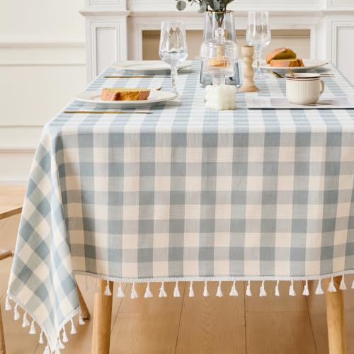 JIALE Gingham Tablecloth Rectangle Cotton Linen Fabric Checkered Table Cloth with Tassel Washable Wrinkle Free Buffalo Plaid Table Cover for Easter Party Outdoor Picnic Kitchen Dining, Blue, 55x120