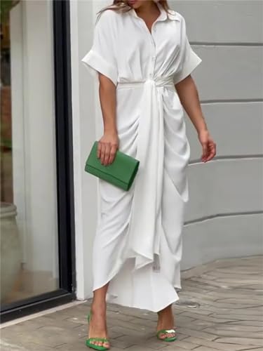 Spring Button Belted Party Women Dress Summer Sleeve Irregular Office Turn-Down Collar Shirt Lady Dresses2