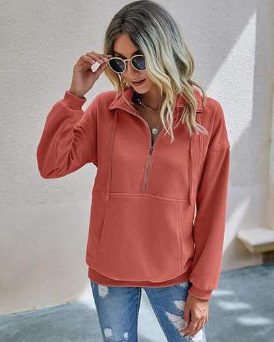 Beonych Sweatshirt Damen Pullover Elegant Langarmshirt Baumwolle Pulli Herbst Winter Casual Sweatjacke Oberteile Langarm mit Taschen (Orange, M)