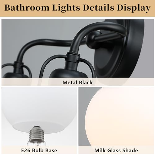 Image of 16 inch Bathroom Vanity Light, 2-Light Black Vanity Lighting Fixture Over Mirror,Modern Wall Mount with Milk White Globe Glass Shade for Bathroom,Dressing Room.16 L x 6.75 inch W x 10.5 inch H .BD045-2-BK