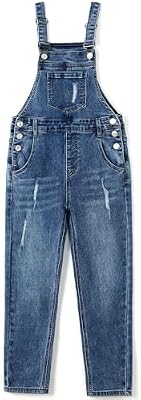 Kidscool Space Big Girls Jeans Overalls – Ripped Bib Denim Jumpsuit with Elastic Band, Soft Stretchy...
