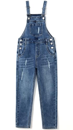 Kidscool Space Big Girls Jeans Overalls – Ripped Bib Denim Jumpsuit with Elastic Band, Soft Stretchy Fit, Blue, Size 7-8