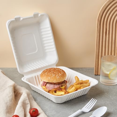 Jaluxing [8X8 1-Compartment 75-Pack Bio Natural Clamshell Take Out Food Containers with Lids, Disposable Bagasse Togo Trays, Eco-Friendly Biodegradable Made of Sugar Cane Fibers by Jaluxing - Used condition - Image 4