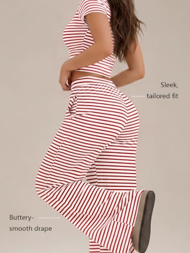 Image of Trendy Queen Women's 2 Piece Matching Summer Lounge Set with Pockets | Vacation Airport Travel Outfits, Workout Gym Clothing Comfy Athleisure Clothes, Side-ruched Top, Drawstring Wide Leg Pants