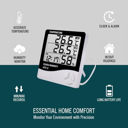 Image of AERYS HTC-2 Digital Hygrometer Thermo-Meter Humidity Meter with Alarm Clock LCD Display (HTC2)