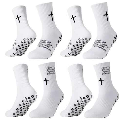 Jspupifip 4 Pairs Cross Grip Soccer Socks Anti Slip Christian Sports Socks with Bible Verse Jesus Athletic Cotton Sock for Men (White)