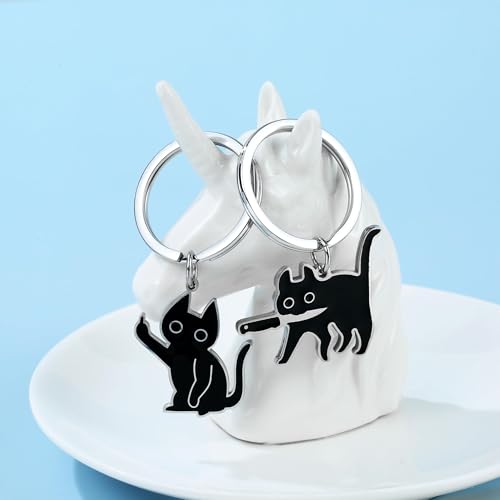 Image of 2Pcs, Cat Keychain, Stainless Steel Keyrings & Keychains, Bag Charms for Handbags and Car Keychain, Black It Is So Cute It Can Be A Cat Lover Gift For Someone Who Loves Cats Very Cute Cat Stuff