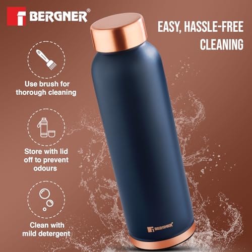 Image of BERGNER Walking Copper Water Bottle 950ml, Pure Copper, BPA Free, Non-Toxic, Leak Resistant, Pure Tamba Provides Health Benefits, Office Bottle, Hiking Trekking Bottle, Boosts Immunity - Navy Blue