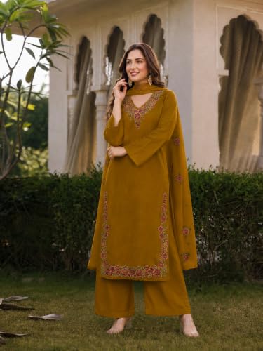 Image of ANNI Designer Kurta Sets for Women Viscose Blend Embroidered | Kurta Palazzo Dupatta Set | Designer Kurti Set for Women | V Neck Full Sleeve Ethnic Suit | Indian Kurta Outfit with Palazzo Pants