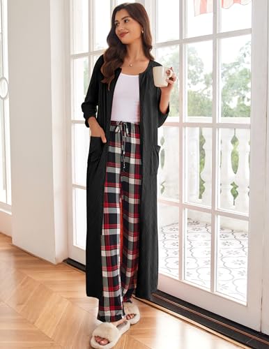 Ekouaer Zipper Robes for Women Ribbed Knit Bathrobe Lightweight Full Length Loungewear with Pockets S-3XL2