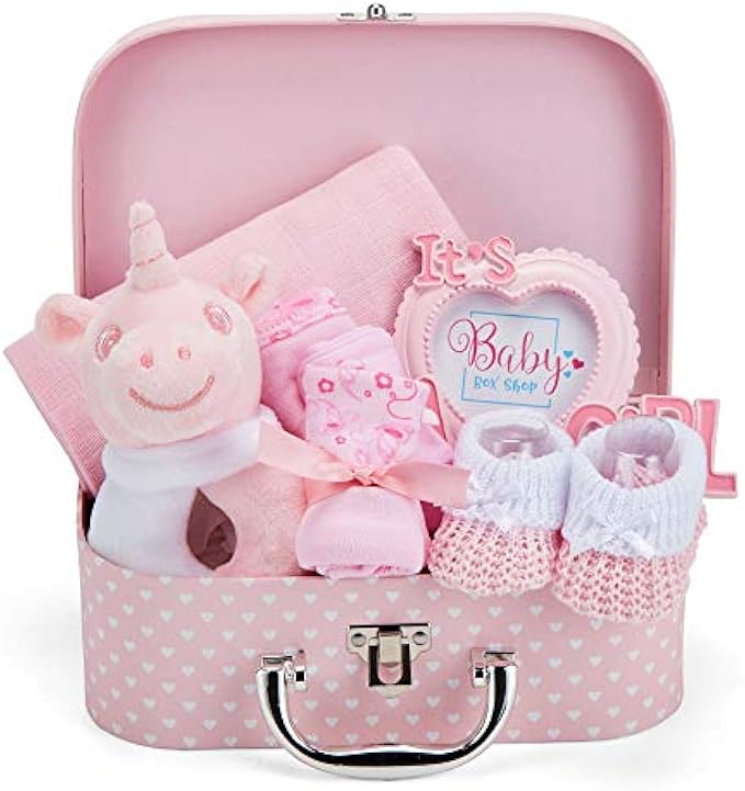 New Baby Gift Set for Newborn Girl - Pink Keepsake Box with Rattle, Photo Frame, Muslin Cloth, Bib, Mitts and Hat - New Baby Gift Basket for Parents - Unique Shower Gift for Girls