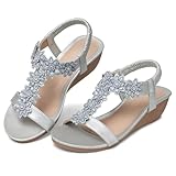 SHIBEVER Wedge Sandals for Women Dressy: Size 7 Summer Comfort Rhinestone Dress Sandals - Comfortable Casual Low Wedges Womens Sandal Silver