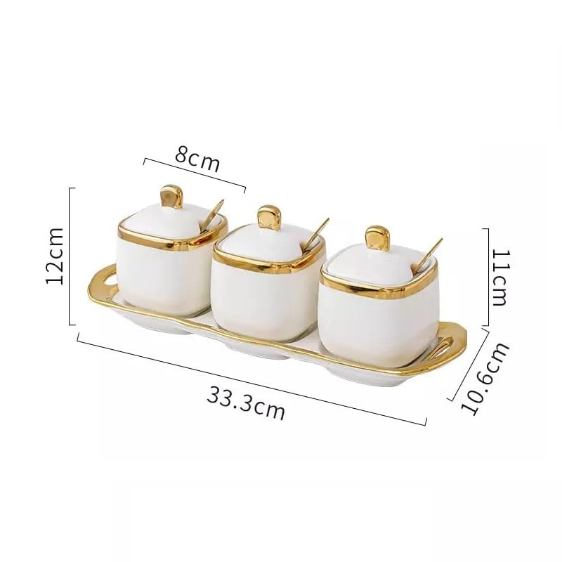 Image of JRM 3Pcs Condiment Jar Condiment Seasoning Pot with Ceramic Tray, Serving Spoon and Lid for Tea Sugar Coffee Salt Pepper and Spices (White)