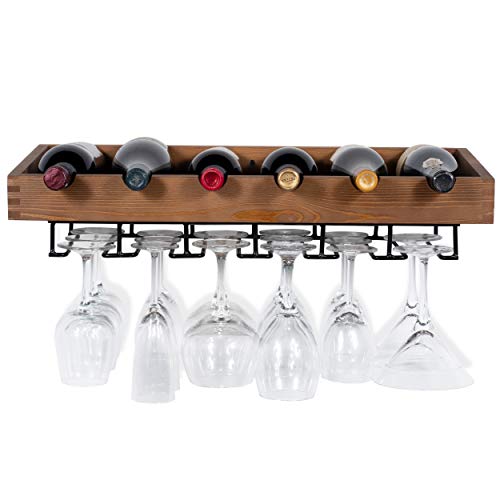 Brightmaison Crete Wine Rack Wall Mounted with Wine Glass Holder, Wine Storage and 6 Bottle Rack for Rustic Wall Decor Wood Walnut - Thumbnail 2