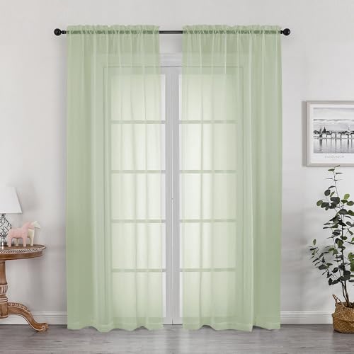 Image of OWENIE Sheer Curtains 72 Inches Long 2 Panels Set, Light Filtering Sheer Curtain Rod Pocket Clear Drapes for Living Room Bedroom Window Sliding Door, Each 42 x 72 Inch, Light Green
