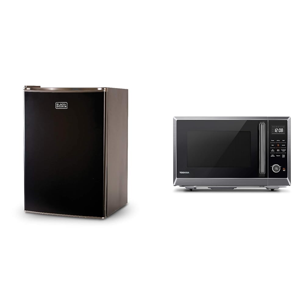 BLACK+DECKER BCRK25B Compact Refrigerator Energy Star Single Door Mini Fridge with Freezer &amp; TOSHIBA Air Fryer Combo 8-in-1 Countertop Microwave Oven, Convection, Broil, Odor removal