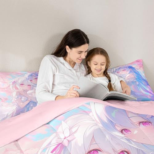Image of Erosebridal 3D Kawaii Girly Bedding King Size, Japanese Girl Comforter Set for Kids Toddler Girls Cherry Blossoms Bedding Comforter Sets, Watercolor Romance Duvet Set Happy Friendship Down Comforter