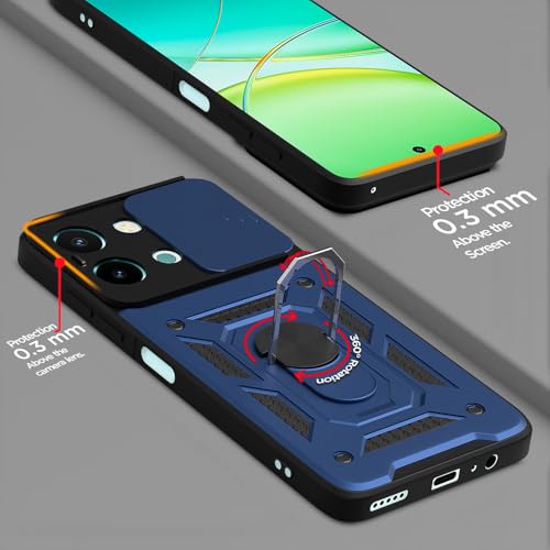 Image of Pikkme D10 Tough Armor Bumper Case | 360 Protection Case | Sliding Camera Shield Cover & Ring Holder Stand Back Cover for Vivo T3x 5G / Vivo Y200i 5G (Blue)