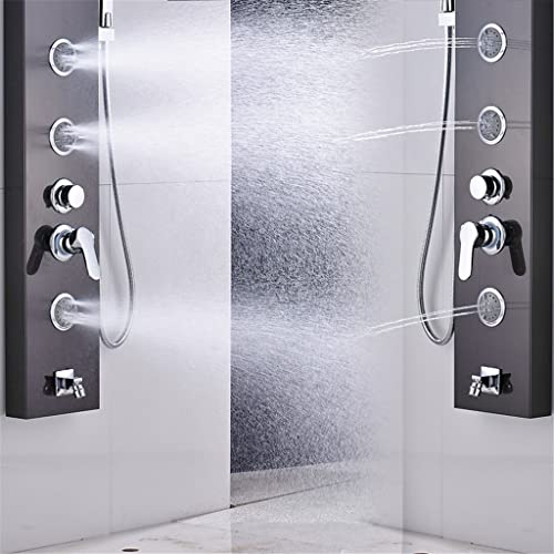 Columna de ducha de acero inoxidable negra con jets de masaje y mezcla de agua tipo lluvia montada en pared miniatura 3