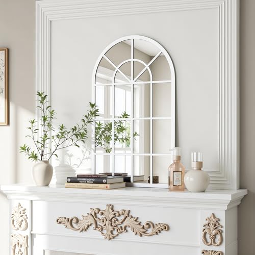 Image of Dewfig Arched Wall Mirror, 42 inchx30 inch Metal Frame Windowpane Mirror, White