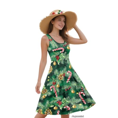 Image of Women Stylish Tank Dresses Sleeveless Round Neck Midi Casual Dress with Pocket for Summer
