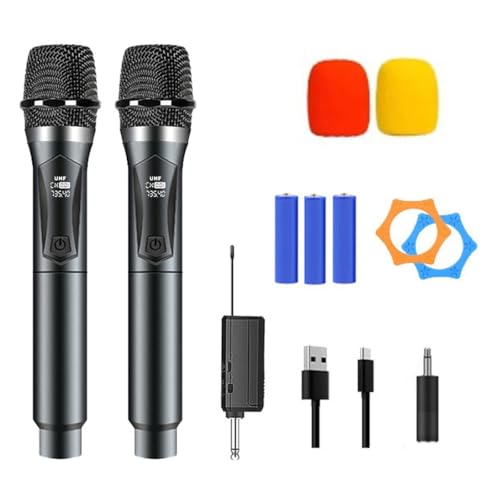 Kit de Microfones Sem Fio Profissionais, Duplo, com Receptor UHF, para Karaokê, Eventos e Palestras, Preto (preto)