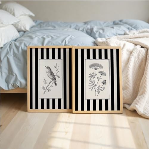 Image of Vintage Black White Wall Art Frames for Living Room Bedroom - Minimalist Botanical & Bird Stripe Wall Painting Set | Modern Aesthetic Monochrome Home Wall Decor with Wooden Frame (Art 11, 10x13 Inches)